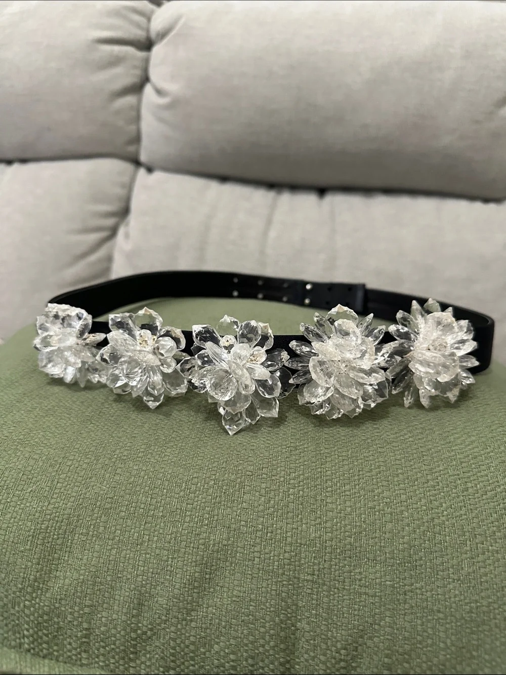 Crystal Floral Cluster Belt - Black with Clear Accents